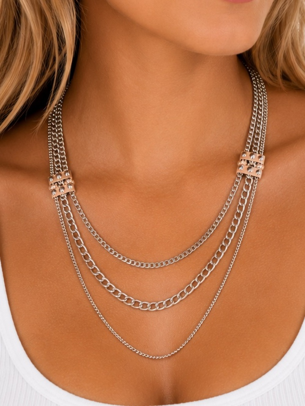 NEW - Sam Edelman Edgy Silver Multi-Chain Necklace w Leather Accents & Studs 30"